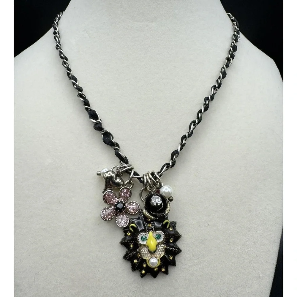 Betsey Johnson Lion Rhinestone Pearl Floral Silver‎ Tone Woven Necklace 15-18